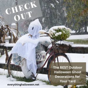 Check out the best yard ghost decorations for Halloween, this image shows a ghost on a bicycle in the snow.
